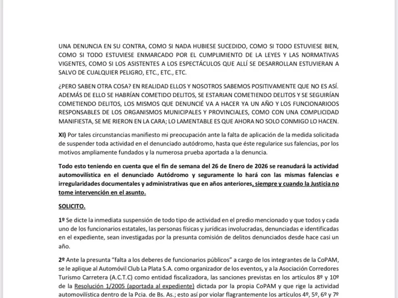 Graves denuncias sobre el autódromo de La Plata: Politano exige su clausura, hasta cumplir la ley